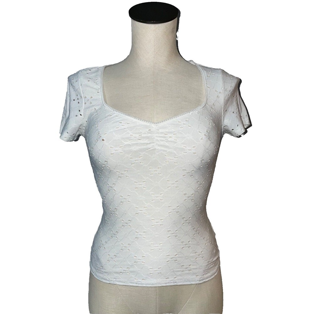 Ambiance Women’s Y2K Cap Sleeve Eyelet Sweetheart Neck Knit Top size S